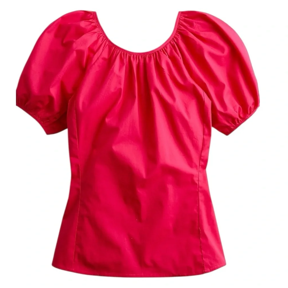 J Crew Magenta Rose V-back Zip Puff Sleeve Stretch Cotton Blend Poplin Blouse
